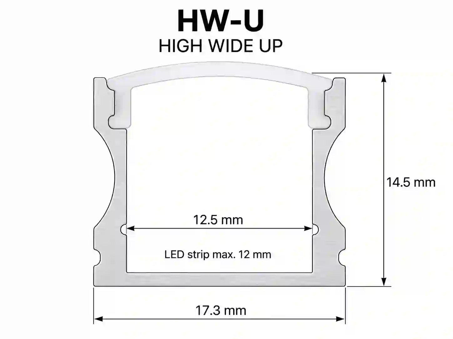 Pohled zepředu na LED profil HW-U 17,3mm kanál otevřený nahoru pro LED pásek max 12mm stříbrný